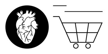 Siyah çemberin içindeki anatomik kalp, ticareti, duyguları, tercihleri, sağlık hizmetlerini, tüketiciliği, etiği ve basit bir yaşam tarzını temsil eden minimalist bir alışveriş arabasıyla yan yana geliyor.