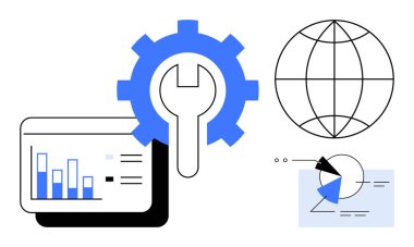 Veri tabloları, pasta grafiği ve dünya ana hatları üzerinde, analitiği, küresel stratejiyi ve optimizasyonu sembolize eden vites ve ingiliz anahtarı örtüşür. İş, teknoloji ve küresel anlayış için ideal problem çözme