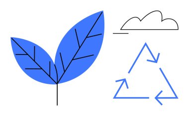 İki yaprak, bir geri dönüşüm üçgeni ve asgari bulut çizgisi sürdürülebilirliği ve çevre dostu yaşamı vurguluyor. Doğa, ekoloji, çevre, koruma, geri dönüşüm ve yenilenebilir enerji için ideal