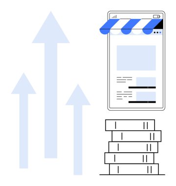 Mavi tenteli, yukarı doğru okları olan akıllı telefon mağazası ve iş büyümesini temsil eden bozuk paralar. Girişimcilik, e-ticaret, yatırım, pazarlama, finans, çevrimiçi alışveriş için ideal