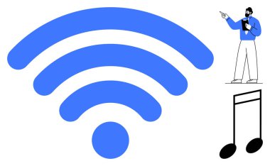 Sunan adamın yanında büyük mavi kablosuz ikon ve bir nota. Teknoloji, iletişim, eğitim, müzik, çevrimiçi hizmetler, yenilik, dijital bağlantı için idealdir. Düz basit metafor