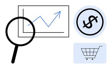 Büyüteç, bir dolar işareti ve alışveriş arabasının yanında, yukarı doğru büyüme grafiğine odaklanıyor. Finans, e-ticaret, analitik, pazarlama, araştırma, iş stratejisi için ideal, düz basit metafor