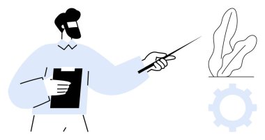 Elindeki pano sopayla soyut bir nesneye işaret ediyor, öğrenmeyi, öğretmeyi, stratejiyi, eğitimi, liderliği, iletişimi, işbirliğini, düz ve basit bir metaforu simgeliyor.