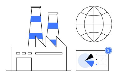 Bacalı fabrikalar, küresel şebeke ve dolar ikonlu pasta grafiği sanayi, ekonomi, küresel işletme, sürdürülebilirlik, imalat, büyüme stratejisi, düz basit metafor