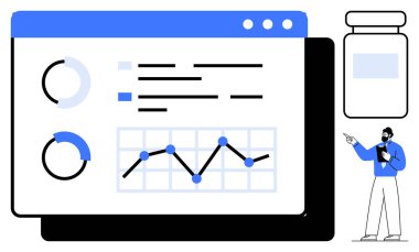 Analitik gösterge paneli performans grafikleri, pasta grafikleri ve işlem akışını gösterir. Bir insan veri içgörüsüne işaret eder. İş, finans, ilerleme izleme, istatistik ve sunum raporları için ideal