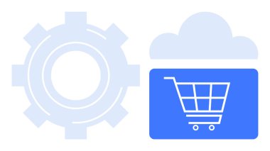 Mavi alışveriş arabası vites kutusunun yanında ve online alışveriş, otomasyon veya sistem entegrasyonu için bulut görselleştirici. E-ticaret, bulut hesaplama, SaaS, perakende, lojistik, envanter için ideal