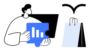 Bar çizelgesi, siyah monitör, alışveriş çantası, uçan kuş olan mavi yapboz parçası elinde tutan kişi. Analiz, pazarlama, alışveriş, iş stratejisi tüketicileri için ideal teknoloji içgörüleri e-ticaret. Düz