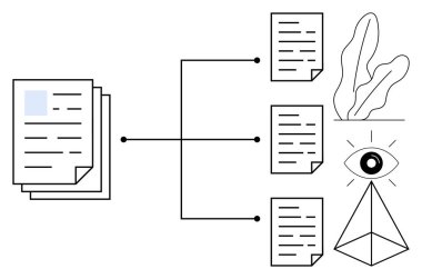 Dağıtılmış belgelerle ilgili yığınla kağıt, bitki, göz, piramit. Organizasyon, iş akışı, veri analizi, yaratıcılık, yapı üretkenliği için ideal düz metafor