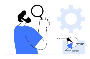 Elinde büyüteç olan kişi arka planda teçhizatlı veri tablosunu analiz ediyor. Araştırma, veri analizi, problem çözme, optimizasyon, strateji, yenilik, iş büyümesi için ideal. Düz basit