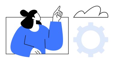 Bulut ve teçhizatın yanında el kol hareketi yapan bir kadın. Yaratıcılık, takım çalışması, yenilik, teknoloji, liderlik, problem çözme, iş akışları için ideal. Düz basit metafor