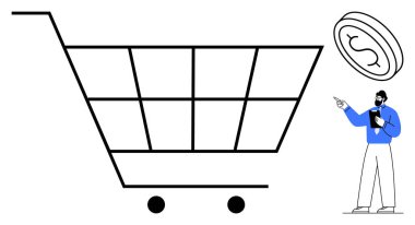 Büyük boy alışveriş arabası ve işadamının işaret ettiği dolar işaretli bozuk para. E-ticaret, perakende, tasarruf, bütçe, finans, pazarlama ve tüketici eğilimleri için ideal. Düz basit metafor