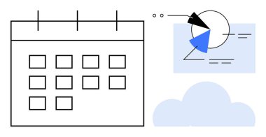 Takvim ızgarası, bir bulut elementi üzerinde turta bölümleri ve analizlerle birlikte veri tablolarının yanında. Zamanlama, veri analizi, bulut depolama, verimlilik, planlama, zaman yönetimi, iş akışı için ideal. Düz