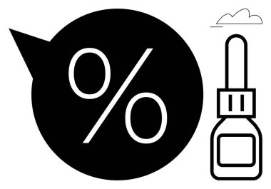 Göz damlası aletinin yanında konuşma balonunda yüzde işareti. Sağlık, kimya, ilaç, satış, eğitim, bilim ve finans konuları için idealdir. Düz basit metafor
