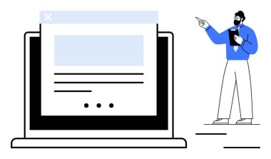 Elinde bir pano olan adam, web sayfası düzenini gösteren büyük bir dizüstü bilgisayarı gösteriyor. Teknoloji, dijital araçlar, çevrimiçi eğitim, iletişim, sunumlar, üretkenlik, düz basit