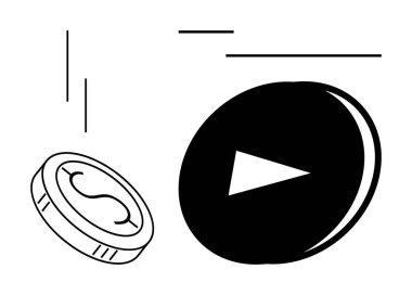 Oynat tuşunun yanında dolar işareti olan madeni para dijital içerik monetizasyonu, yayın platformları, finansal işlemler ve ekonomik büyümeyi simgeler. Dijital ödeme, finans ve pazarlama için ideal