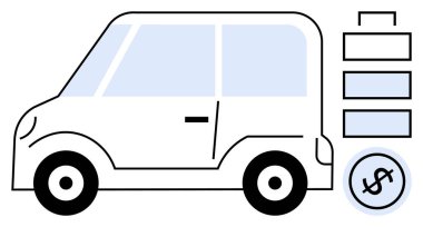 Araba çizimi, akü yığını ve dolar işareti, temiz enerji araçlarını görselleştirme, şarj etme, maliyet tasarrufu ve sürdürülebilirlik. Yenilenebilir enerji, yeşil ekonomi ve otomotiv için ideal