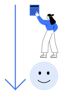 Hesap makinesine basan kadın, aşağı doğru büyük bir ok, gülümseyen yüz. Verimlilik, verimlilik, hedefler, karar verme, optimizasyon bütçesi başarı planlama için idealdir. Düz basit metafor