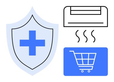 Haçlı mavi sağlık kalkanı, hava akımlı klima ve dijital alışveriş arabası ikonu. Güvenlik, rahatlık, sağlık, e-ticaret, online satın alma teknolojisi modern yaşam tarzı için idealdir. Temiz