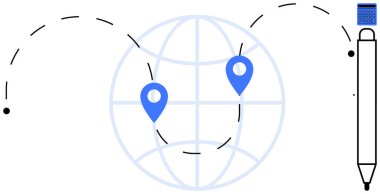 Noktalı çizgilerle birbirine bağlı iki konum işaretli dünya, kalem vurgusu hareketi, ilerleme. Navigasyon, seyahat, eğitim, iletişim, küresel strateji yenilik takım çalışması için idealdir. Düz