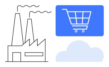 Bacalı fabrika, dijital alışveriş arabası ve bulut ikonu endüstriyel üretim, çevrimiçi alışveriş ve dijital sistemleri taşır. Otomasyon, endüstri, e-ticaret, bulut tedarik zinciri için ideal