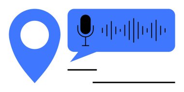 Mavi yer belirleyici ve mikrofon ve ses dalgalı konuşma balonu. Navigasyon, ses kontrolü, seyahat, teknoloji, yer belirleme, ulaşılabilirlik, kullanıcı deneyimi için ideal. Düz basit metafor