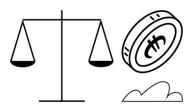 Maliye, adalet, eşitlik ve değer kavramlarını gösteren dengeli ölçek ve kripto para birimi. Ekonomi, hukuk, engelleme zinciri, adalet, kripto para birimi düz metaforu için ideal