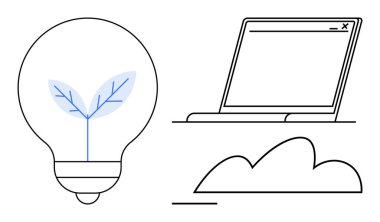 Bitki filizi, laptop ekranı ve bulut anahatlı ampul büyümeyi, ekolojik bilinç hesaplamasını ve bağlantıyı temsil eder. Sürdürülebilirlik, teknoloji, yenilik, minimalizm için ideal dijital