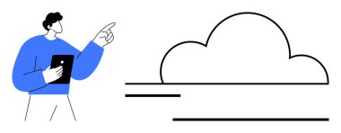 Bulut şeklindeki verileri, bulut hesaplamalarını ya da çevrimiçi bağlantıları gösteren tabletli bir kişi. Bulut hesaplama, veri depolama, çevrimiçi hizmetler, teknoloji, yenilik, takım çalışması için ideal