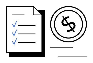 Çemberdeki bir dolar simgesinin yanında mavi işaretli kontrol listesi. Finans, bütçe, hedefler, planlama, üretkenlik, organizasyon ve yatırım için ideal. Asgari düz metafor