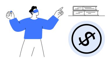 VR kulaklıklı adam istiflenmiş kitaplar ve dolar işareti ikonu, eğitim ve finans birleştirme hareketleri yapıyor. Teknoloji, yenilik, e-öğrenme, yatırım, ekonomi, gelecek eğilimleri, sanal araçlar için ideal