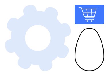 Vites, alışveriş arabası ikonu ve yumurta hatları endüstriyi, e-ticareti ve doğal kaynakları sembolize eder. Üretim, üretim, tedarik zinciri, perakende tarım yeniliği için idealdir.