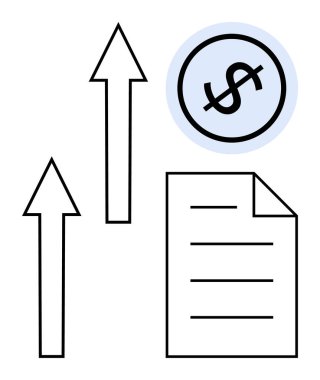 Metin satırları, yükselen iki ok ve daire şeklinde bir dolar işareti olan belgeler. Finans, yatırım, iş başarısı, kâr büyümesi, ekonomik eğilimler için ideal, raporlama analizi düz bir metafor