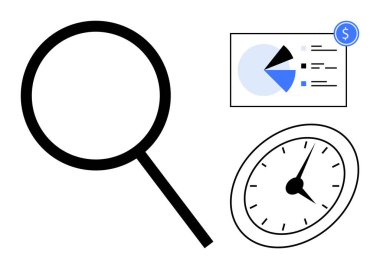 Saat ve analitik grafikli büyüteç odaklanma, zaman yönetimi ve veri gözden geçirmesini öneriyor. Üretkenlik, verimlilik, analitik, strateji, iş hedefleri, bütçe sade
