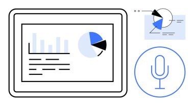 Tablet ekranda çubuk grafik, pasta grafiği ve metin verileri gösteriliyor. Ses girdisi için mikrofon sembolü. Analiz, raporlar, teknoloji, otomasyon, iletişim dijital araçları için ideal basit