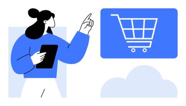 Elinde tablet tutan ve online alışverişi temsil eden bir alışveriş arabası ikonunu işaret eden bir kadın. E-ticaret, dijital pazar, perakende teknolojisi, kullanıcı arayüzü, mobil uygulamalar, bulut hesaplama için ideal