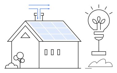 Evin çatısındaki güneş panelleri, oklarla temsil edilen bir enerji kanalı, yanan bir ampulü bitkiyle beslemek için. Sürdürülebilirlik, yenilenebilir enerji, yenilik, eko-yaşam, çevre için ideal
