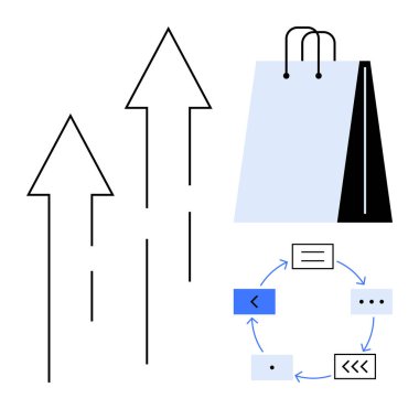 Bir alışveriş torbası ve simgeli dairesel akış şeması boyunca yukarı doğru uzanan siyah oklar. Perakende, satış, e-ticaret, büyüme, verimlilik, pazarlama, iş stratejisi için ideal. Düz basit metafor