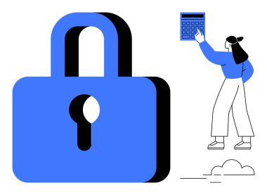 Büyük mavi asma kilit, yanında bir kadın hesap makinesine basıyor, güvenlik, veri koruması, şifreleme, teknoloji, erişim kontrolü, gizlilik güvencesi ve dijital güvenliği temsil ediyor. Düz basit metafor