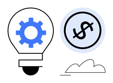 Yeniliği temsil eden mavi dişli ampul, karı sembolize eden dolar işareti ve basit bulut. İş için ideal, finans, yenilik, takım çalışması, büyüme problemi çözme başarısı. Düz