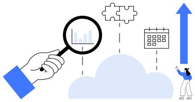 Bulutun üstündeki büyüteç analiz çizelgesi, bulmaca parçaları, takvim, büyüme oku. Analiz, takım çalışması, planlama, büyüme, problem çözme veri görselleştirme organizasyonu için ideal