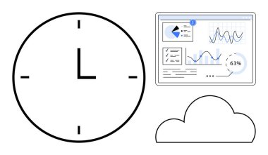 Saat, bulut simgesi ve grafik ve grafikleri gösteren analitik gösterge paneli. Zaman izleme, bulut hesaplama, analitik, iş, verimlilik, planlama performans izleme için ideal