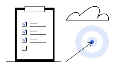 Kontrol listesi olan bir pano, hedefe çarpan oklar ve bir bulut çizgisi. Planlama, görev yönetimi, hedef belirleme, verimlilik, odaklanma organizasyonu ve takım çalışması için ideal. Düz basit metafor