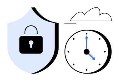 Kilitli kalkan güvenliği temsil eder, zaman yönetimi için oklarla saat, veri yedeği için bulut. Gizlilik, teknoloji, zaman izleme, bulut depolama, siber güvenlik, dijital koruma için ideal