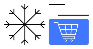 Mavi alışveriş arabasının yanındaki siyah kar tanesi mevsimlik alışverişi temsil ediyor. Ecommerce için ideal, kış satışları, tatil alışverişi, perakende pazarlama, promosyonlar, müşteri sadakati, düz sade