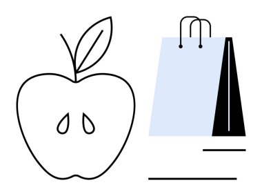 Tohumları ve şık alışveriş çantası tasarımlı Apple taslağı. Sağlık, alışveriş, perakende, beslenme, basitlik, tüketim, çevre dostu kavramlar için idealdir. Düz basit metafor