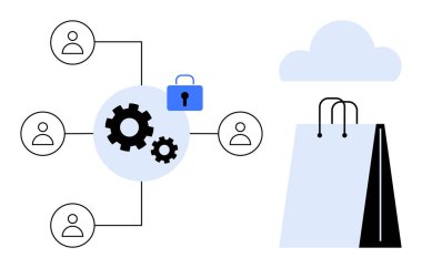 Vites ve asma kilit güvenlik ve bağlantıyı temsil ediyor. Kullanıcı simgeleri, bulut ve alışveriş torbalarına bağlı. E-ticaret, güvenlik, işbirliği, veri paylaşımı, yenilik perakende ağı için ideal