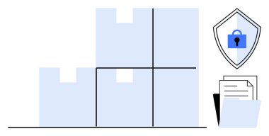 Kalkanında kilit sembolü olan mavi kutular ve belgeli dosya klasörleri. Veri koruması, organizasyon, bilgi güvenliği, gizlilik, siber güvenlik, belge yönetimi için ideal