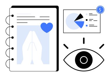 Kapalı el silueti, mavi kalp, analitik pasta grafiği, göz sembolü ve dolar işareti olan dua günlüğünü aç. Maneviyat, odaklanma, farkındalık, analitik vizyon finans meditasyonu için ideal