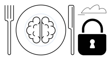 Beyni çatal ve bıçakla kaplanmış, kilit ve bulutun yanında. Ruh sağlığı, bilgi güvenliği, farkındalık, dijital mahremiyet, odaklanma, kişisel büyüme, düz