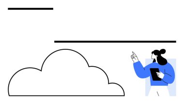 Kadın tableti soyut bulutu işaret ederek yeniliği, veri depolamayı veya yaratıcılığı temsil ediyor. Takım çalışması, bağlantı, dijital servis, strateji, uzaktan çalışma beyin fırtınası için ideal